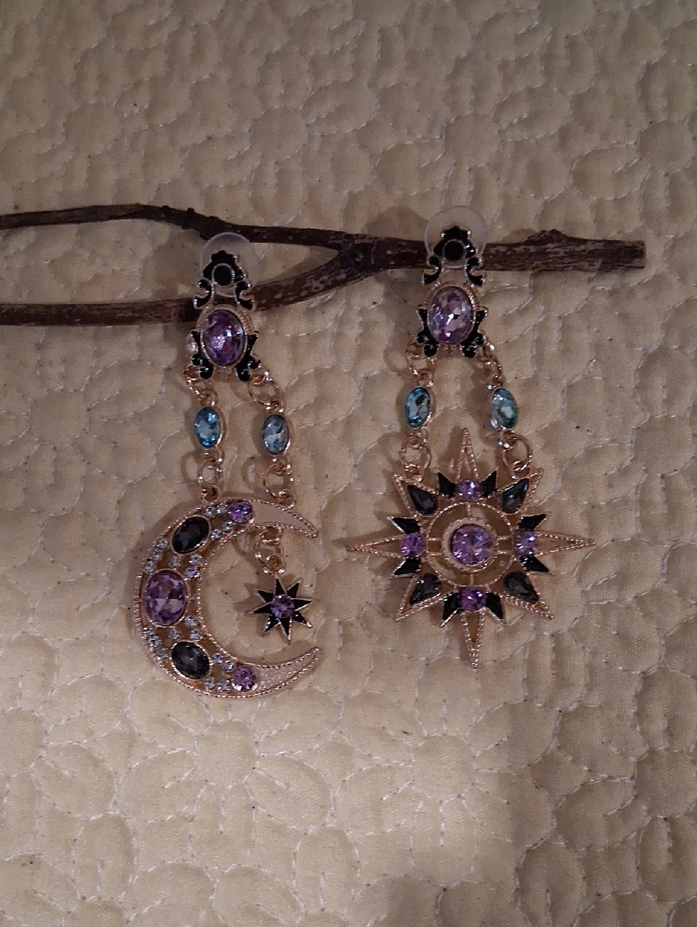 Gold-Tone Celestial Moon & Sun Drop Earrings with Purple and Aqua Stones